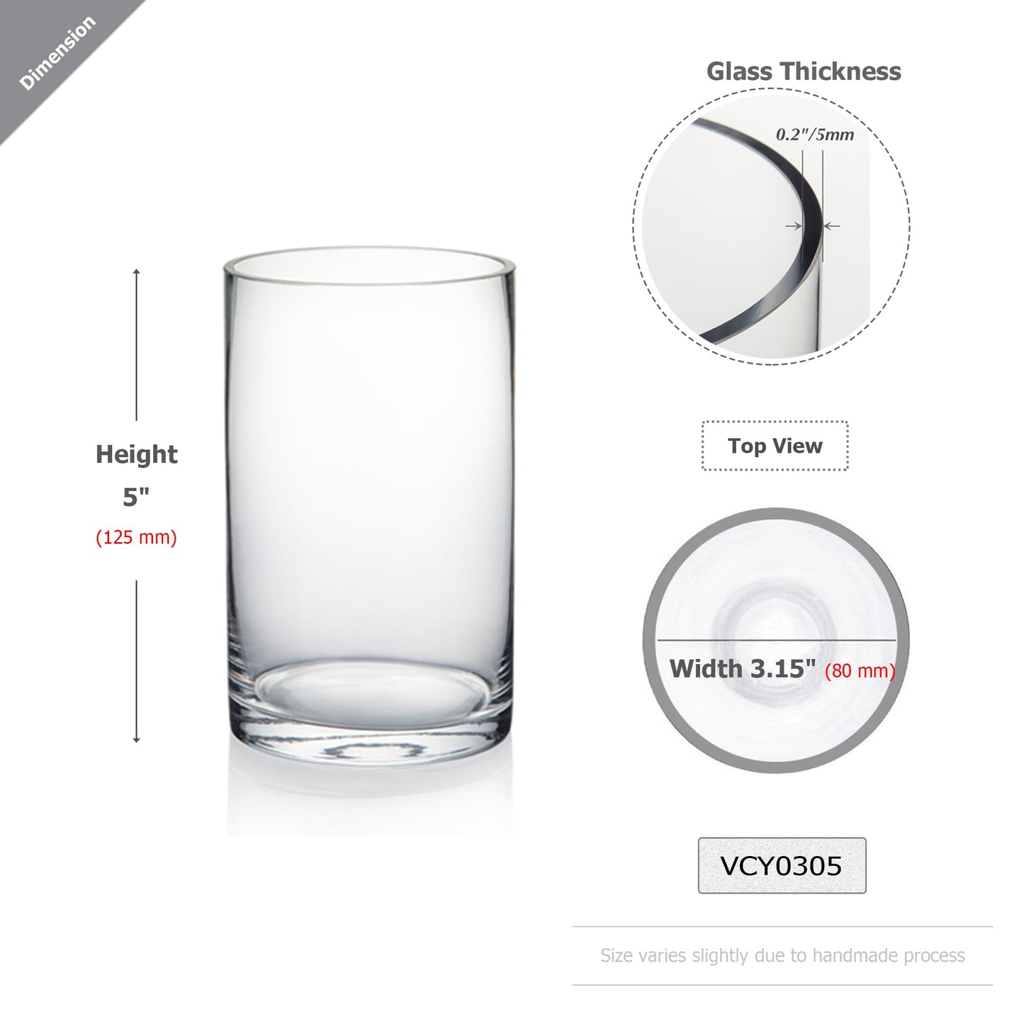WGVI Quality Thick Clear Cylinder Glass Vase, 3" W x 5" H, Floral Container, Glass Candle Holder, Flower Vases, Wedding Centerpiece, Planter Terrarium, Table Top Home Décor Accent, 1 Piece