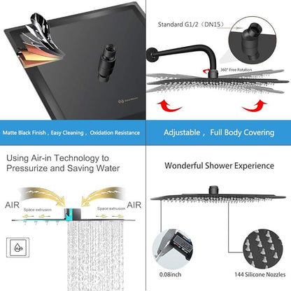 NearMoon Rain Shower Head, High Flow Stainless Steel Square Rainfall Shower, Waterfall Bath Shower Body Covering, Ceiling or Wall Mount (12 Inch, Matte Black)
