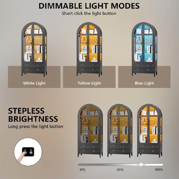 Arched Curio Cabinet with Glass Doors, 4-Tier Display Cabinet with 2 Drawers