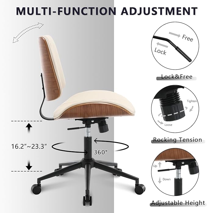 Home Office Chair No Arms with Wheels, Adjustable Height Small Desk Chair