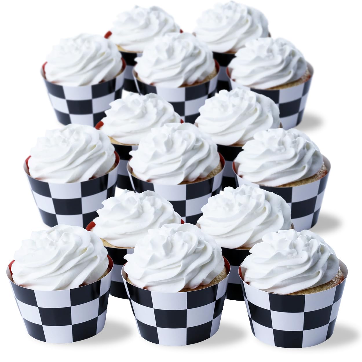 Race-Themed Checkered Cupcake Wrappers, Set of 42 - Red Checkered and Black and White Checker Pattern Cupcake Wrappers for Race Car Party Supplies by Pretty Cute Studios