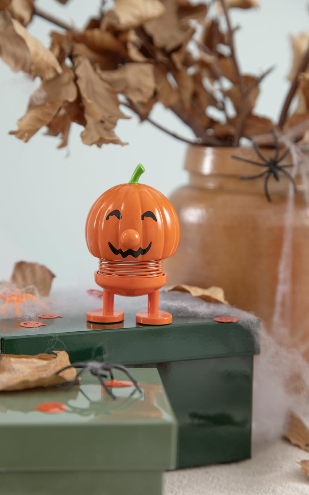 Hoptimist Pumpkin Bumble - Danish Design Home Decor Ornament - Plastic Figurine with a metal spring, Small - Creates Cheerful Movement - (Orange)