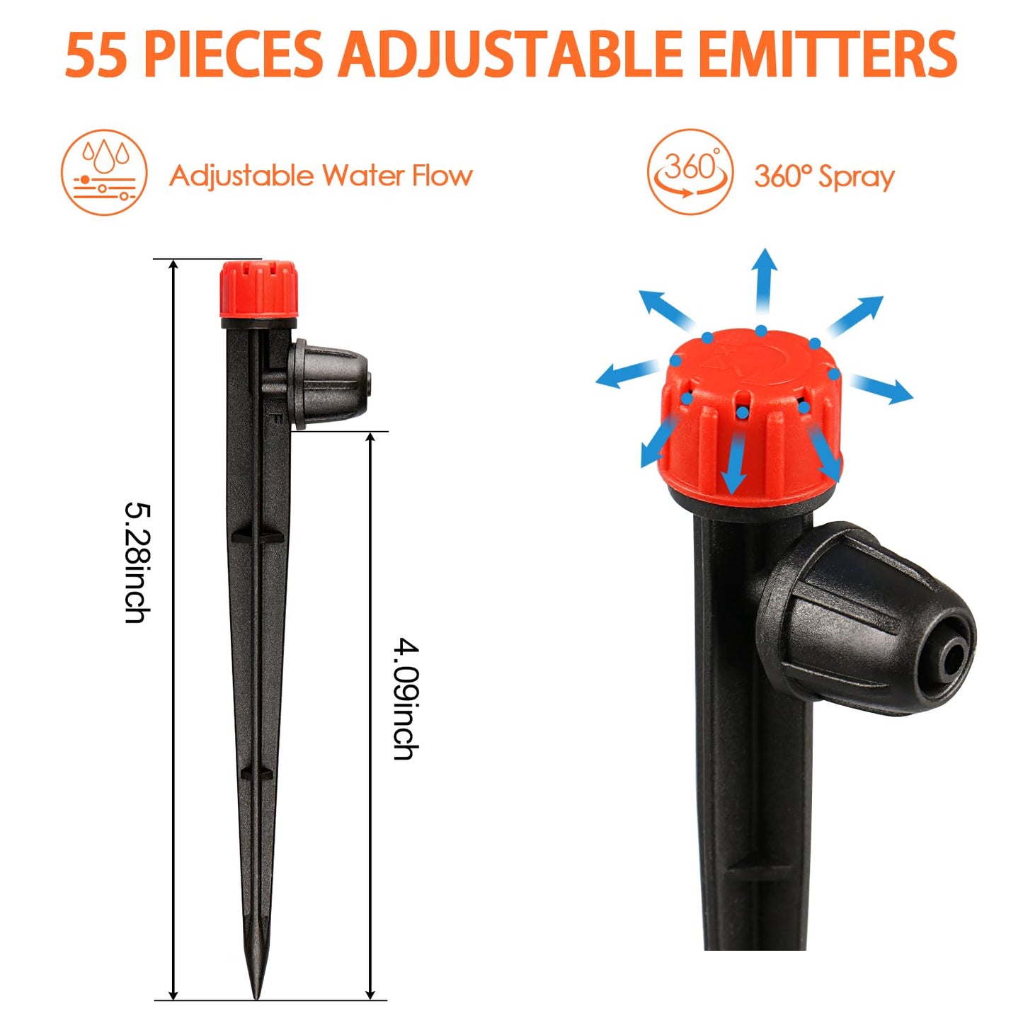 Gardrip 55 Pieces Drip Emitters Stream with Stake for 1/4" Irrigation Tubing: Adjustable 360 Degree Water Flow Irrigation Universal Sprayer Drip Pipe Sprinklers Fittings for Garden Watering System
