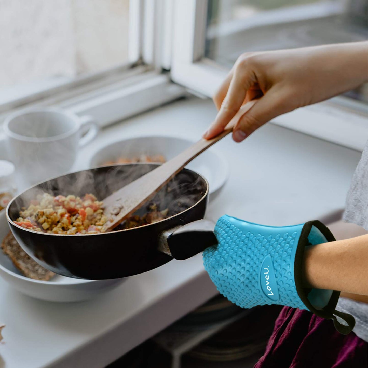 Loveuing Kitchen Oven Gloves - Dual-Layer Heat Resistant Grilling Gloves, Silicone Oven Mitts with 5 Fingers, Waterproof Non-Slip Pot Holder for Barbecue, Cooking, Baking (Blue)