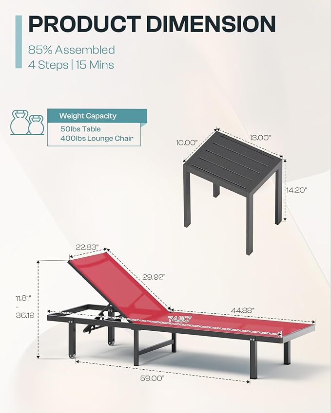 Lounge Chair Outdoor with Wheels, Aluminum Patio Chaise Lounge Chair with 5
