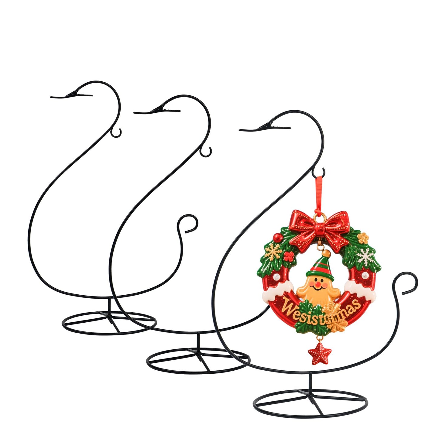 Handbanary 12 Inch Ornament Display Stand, Air Plant Holder, Terrariums Hanger, Black Iron Wire Hanging Hook for Christmas Halloween Decor (Swan Shape 3 Pcs)