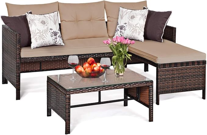 Tangkula Patio Corner Sofa Set 3 Piece, Outdoor Rattan Sofa Set, Includes