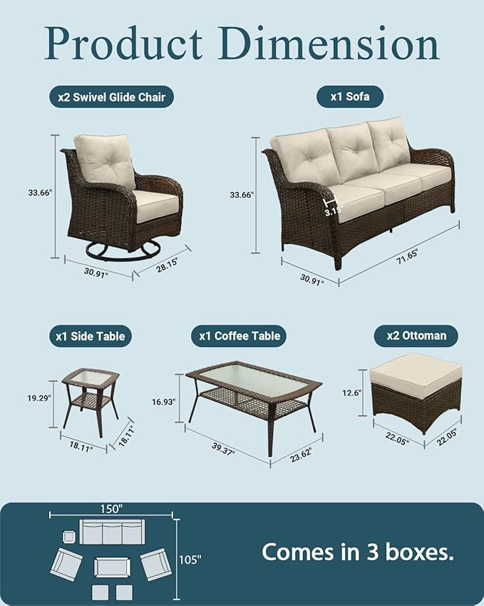 Patio Furniture Set, High Back Rattan Sofa & Swivel Rocker Chairs, Weather