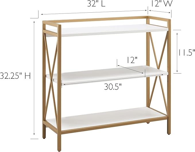 Leick Home Claudette Bookshelf, Satin Gold, 3 Shelves, Easy Assembly, 12 in D x