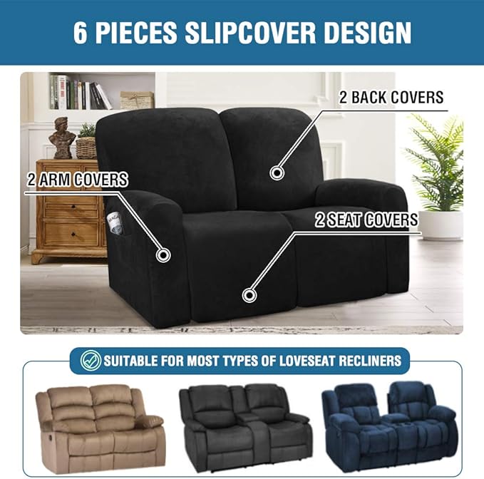 H.VERSAILTEX Velvet Stretch Recliner Couch Covers 6-Pieces Recliner Loveseat