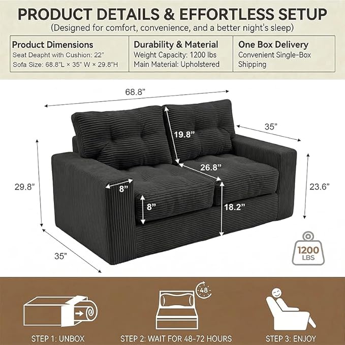 69" Corduroy Loveseat Sofa in a Box, High-Density Foam Couch, No Assembly