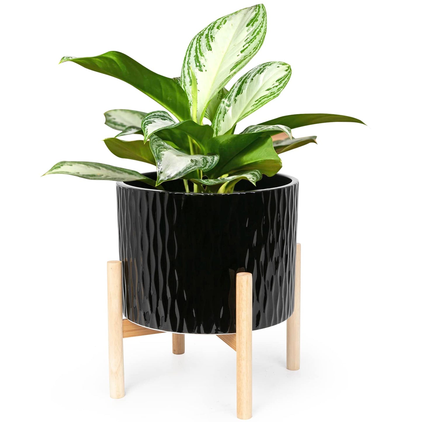 LaDoVita Ceramic Plant Pot with Stand, 10 Inch Planter with Wood Shelf, Modern Round Flower Pots Indoor with Wood Planter Holder, Black Water Ripple Pattern