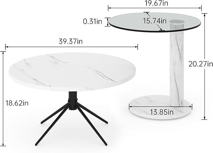 Hooseng Set of 2 Round Coffee Tables, Faux Marble Top and Modern Tempered
