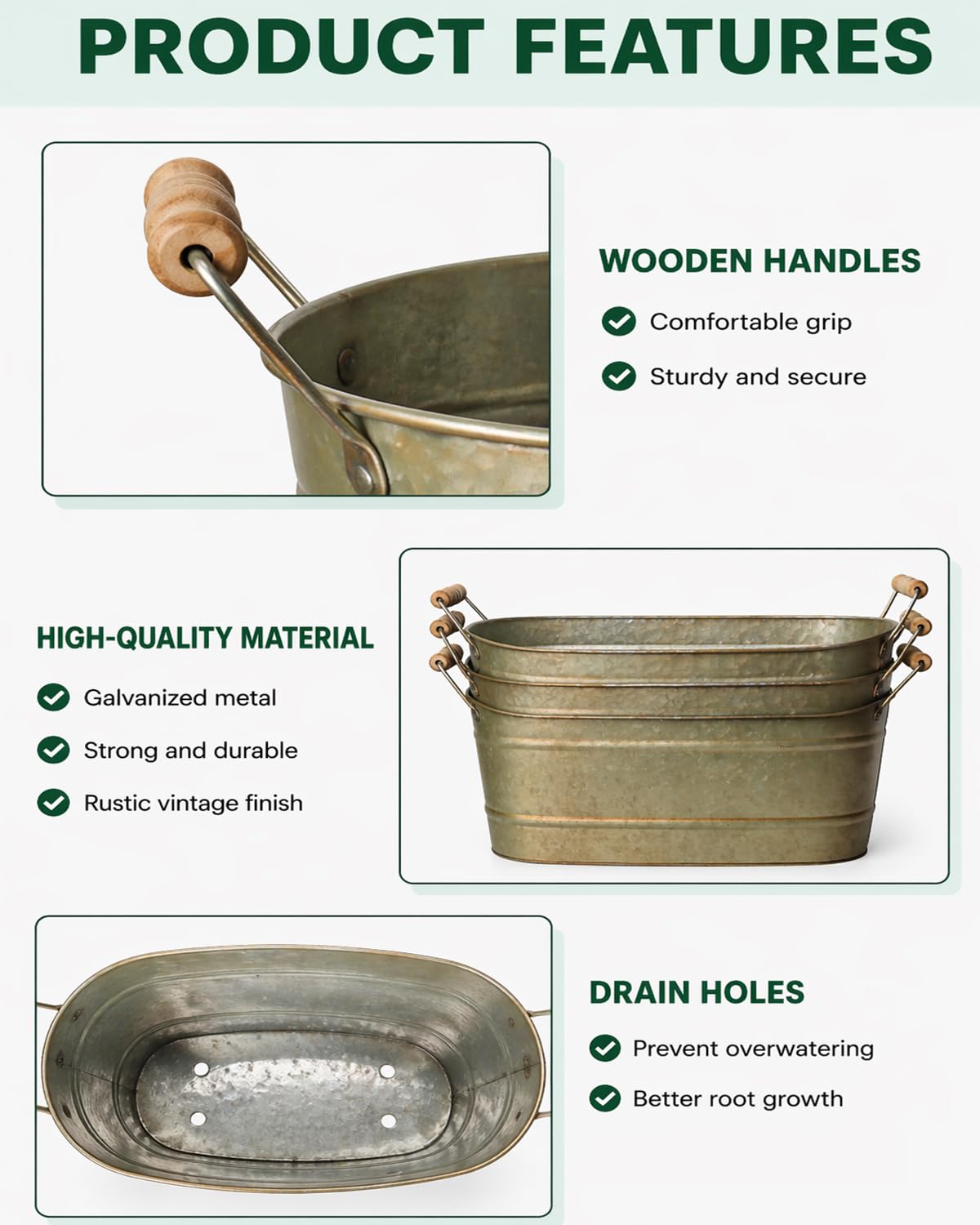 vensovo 15 Inch Galvanized Planters for Outdoor Plants - 3 Pcs Rustic Large Metal Flower Buckets with Drainage & Plug, Farmhouse Style Oval Planter Containers with Handles, Great for Home Decor