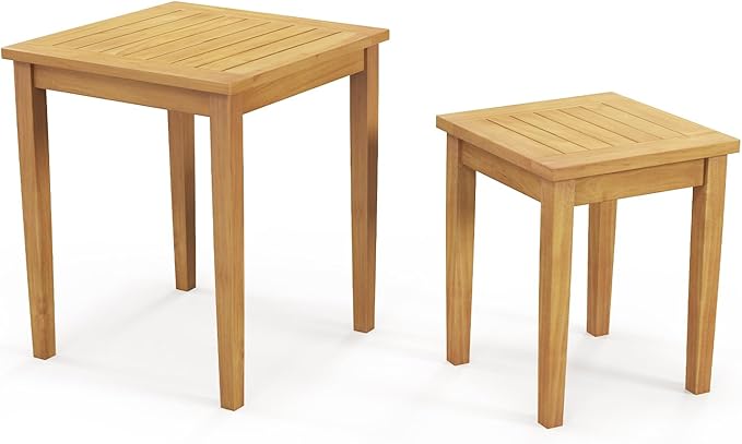 Tangkula 2 Pieces Patio Nesting Table, Teak Wood Outdoor Space Saving Design