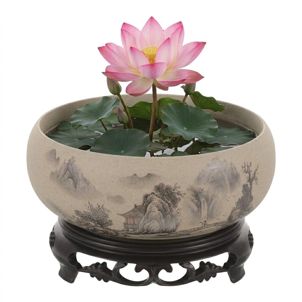 Kisangel Lotus Bowl Planter for Water Lilies, 6.68" No-Hole Coarse Pottery Water Lily Pot with Base, Compact Lotus Bowl for Indoor Zen Desktop Decor & Aquatic Plants