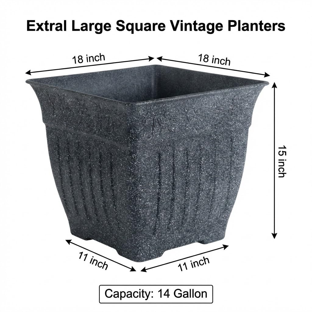 18'' Large Square Planter for Plants - 4 Pack Imitation Cement Plastic Flower Pots with Drainage Holes & 2cm Raised Base, 14 Gal Decorative Stone Like Garden Pot, Retro Plant Container