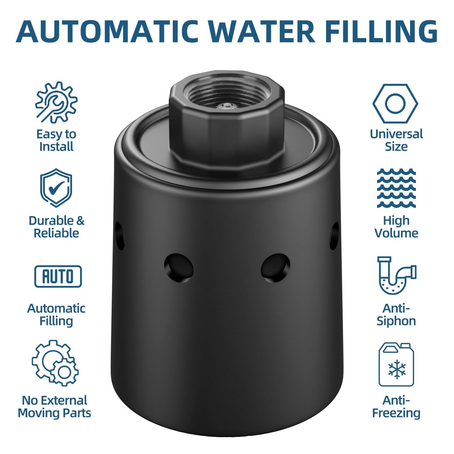 Water Tank Float Valve, Automatic Water Level Control FloatValve, WaterTrough Float Valve for Livestock, Pools, Ponds - Nylon Resin Black