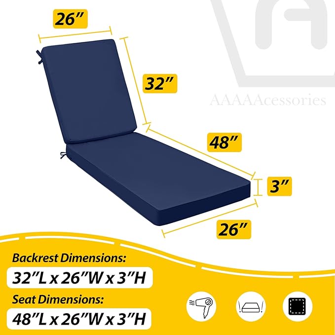AAAAAcessories Outdoor Chaise Lounge Cushions, Fade-Resistant, Waterproof Patio