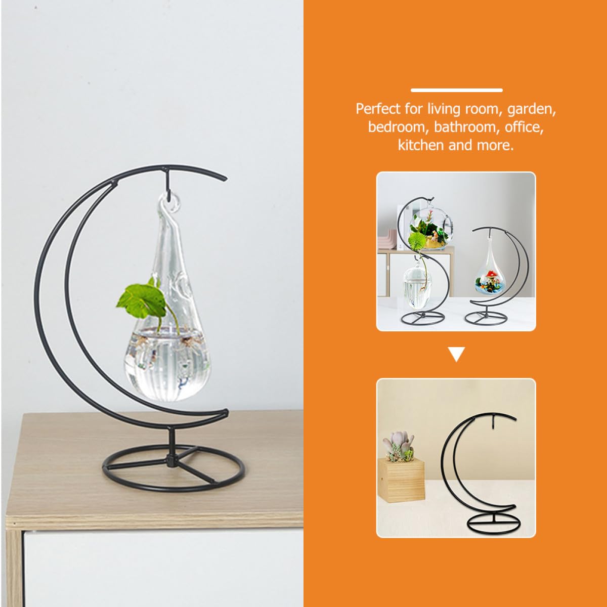 TOBBOMEY Iron Half Moon Plant Stand and Ornament Display Holder, Hanging Terrarium Stand for Home Office Décor, Decorative Pendulum Rack for Glass Pots and Holiday Ornaments