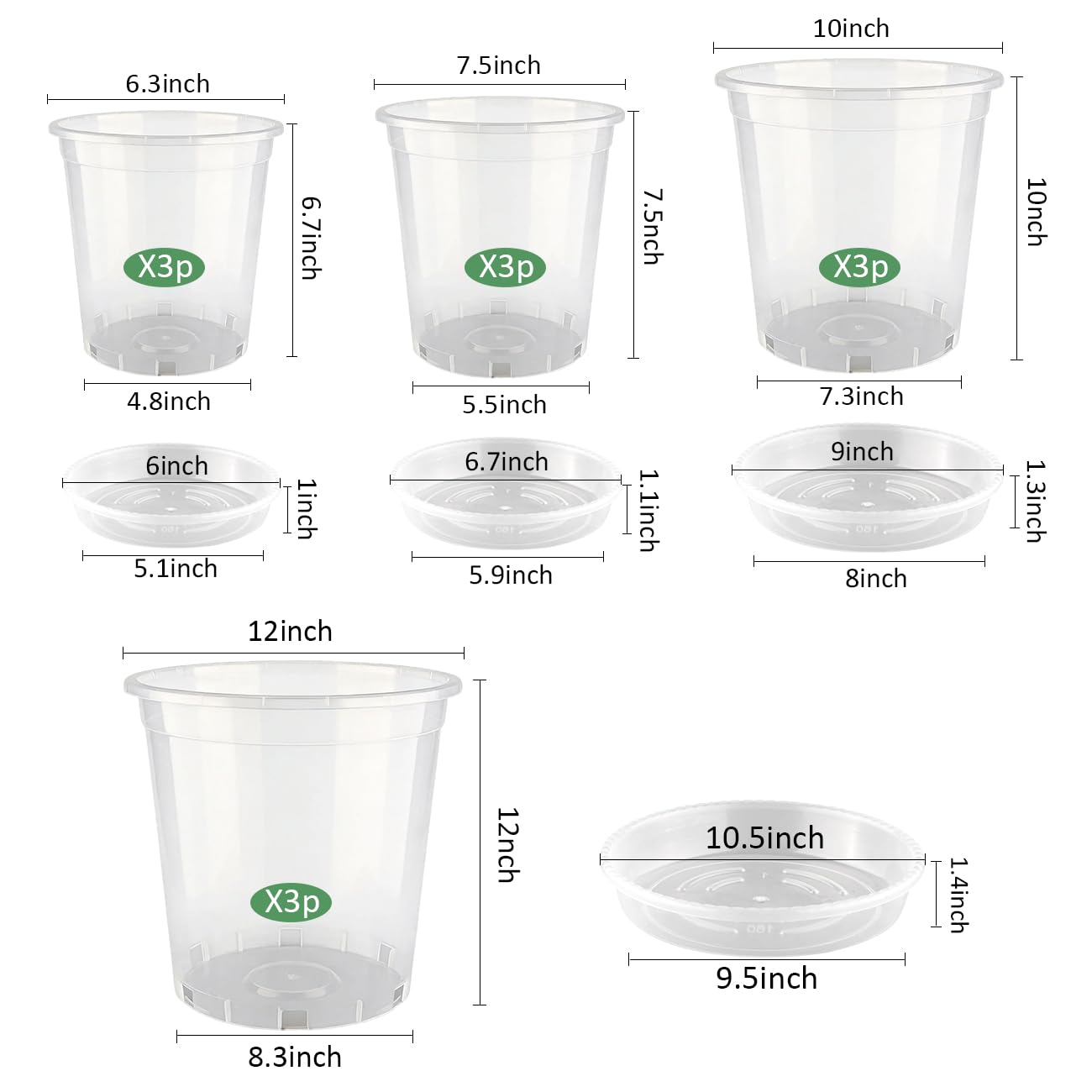 BTPLASTIK 1/2/3/5 Gallon Clear Nursery Pots with Saucers 4 Size Set 12P, Round Plastic Plant Pots with Drainage Holes