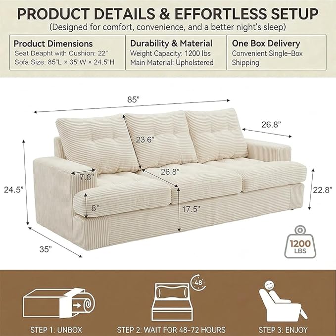 85" Corduroy 3 Seater Sofa in a Box, High-Density Foam Couch, No Assembly