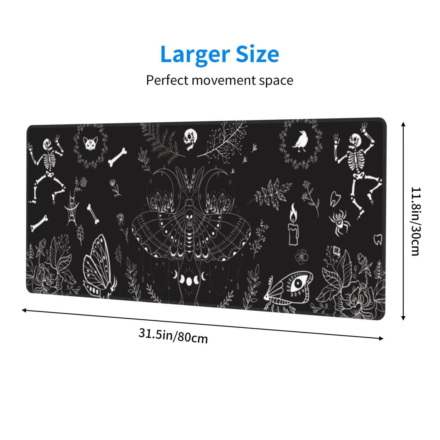 Moth Gaming Mouse Pad XL Halloween Elements Large Extended Non Slip Rubber Base Desk Mat Stitched Edge Keyboard Mat 31.5x11.8 Inch