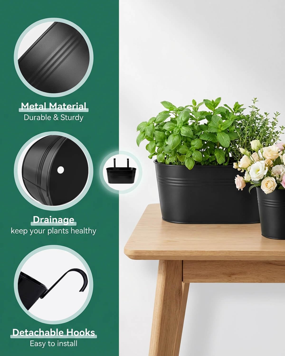 vensovo 10 Pcs Metal Railing Planters Set, 10.8" Oval & 3.9" Round Hanging Flower Pots with Detachable Hooks, Black Fence Planter Baskets for Outdoor Plants, Herbs & Succulents, Garden Decor