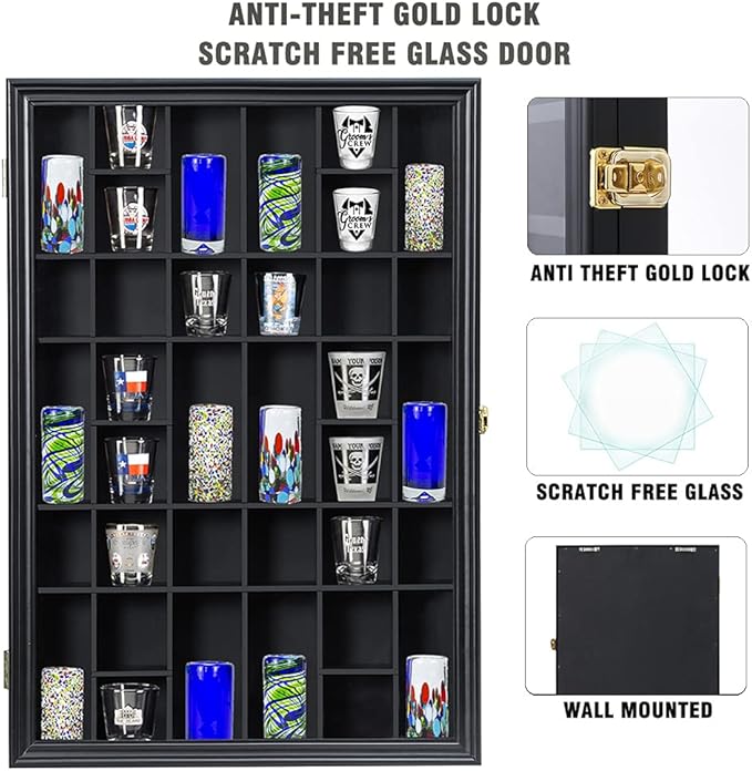 Shot Glass Display Case Wooden Cabinet Rack Holder Wall Mounted Black Shadow