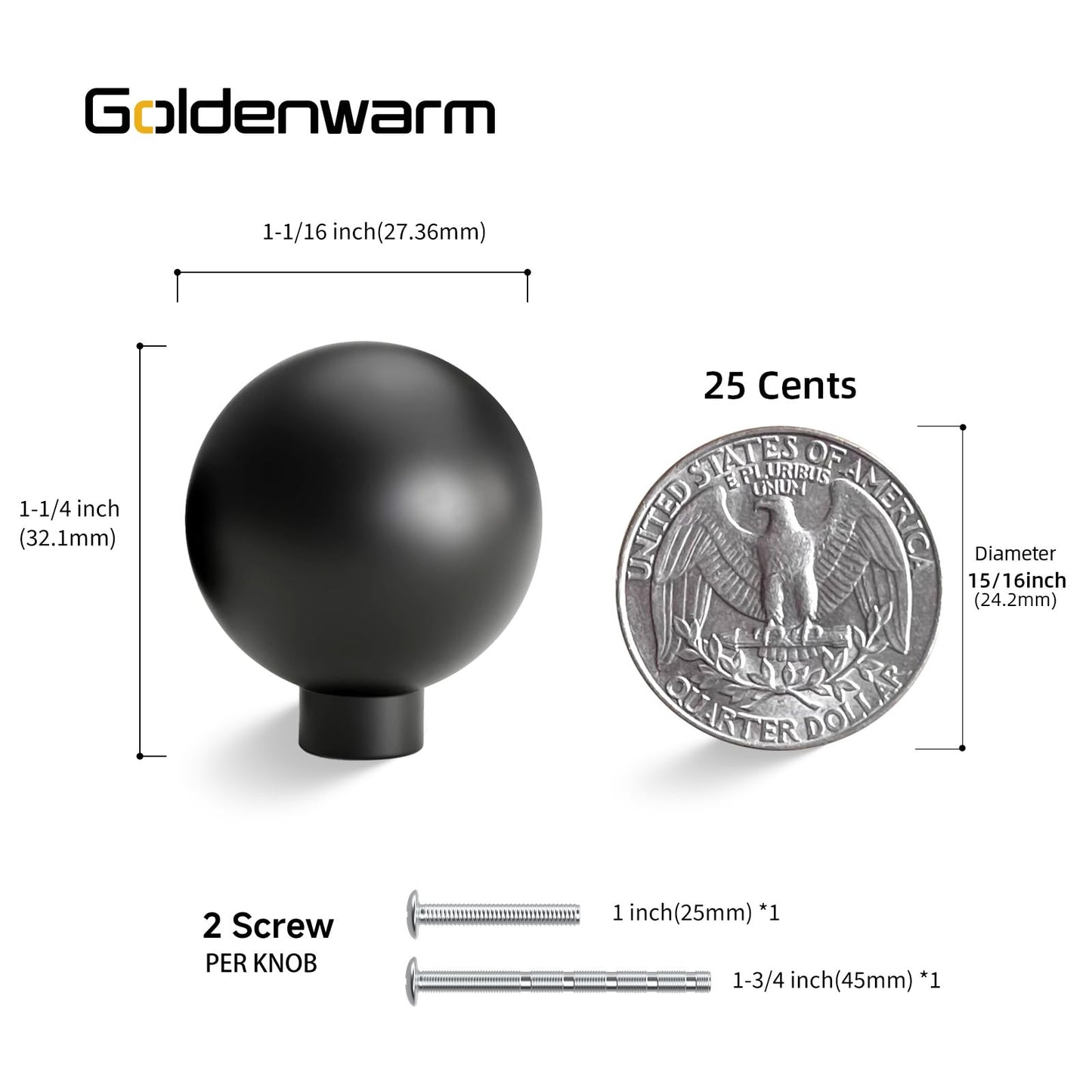 Goldenwarm 10 Pack Matte Black Cabinet Knobs Kitchen Dresser Drawer Knobs Round Ball Hardware for Cabinets Single Hole