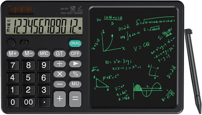 Scientific Calculator with Pull - Out Stylus, 12 - Digit Wide Screen & 100,000+ Reusable Writing Pad, One - Click Clear/Lock, Solar & Battery Dual Power, Portable for School Office Business (Black)