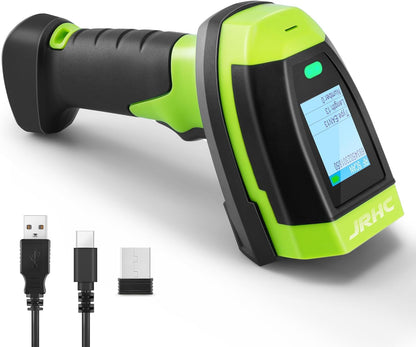 Barcode Scanner Wireless, 1D CCD Automatic Bar Code Scanner with Display Screen, Rechargeable Handhold Barcode Reader with 2.4G Receiver & USB Wired Plug and Play (Green)