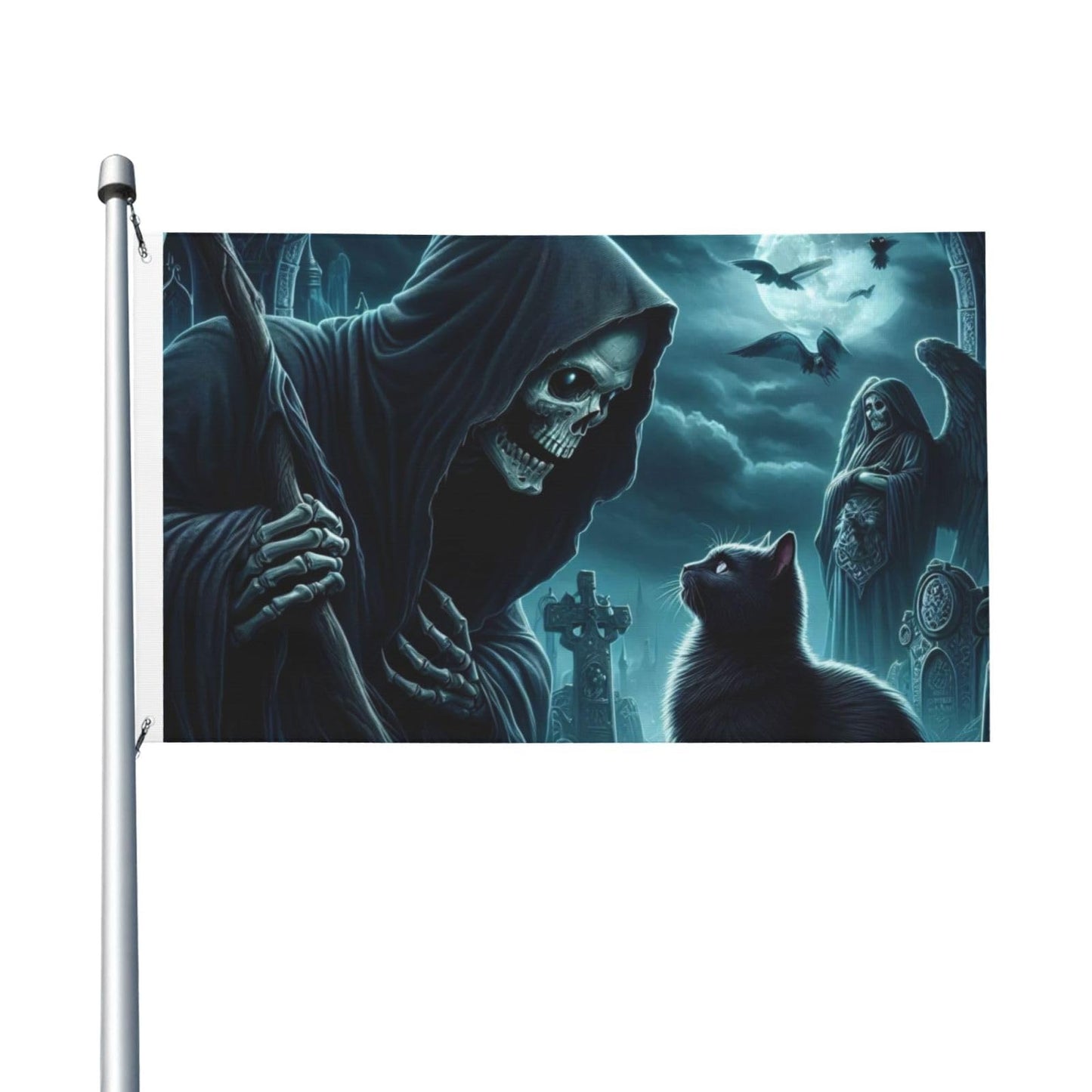 BOXIMIAO Reaper And Black Cat At Cemetery Flag 3x5 Ft Outdoor Polyester Garden Flag Double Sided Banner For Yard Lawn Porch Balcony Home Decorations