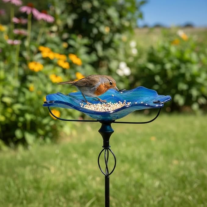 HONGLAND Bird Baths for Outside,11" Small Blue Glass Birdbaths Outdoor,Detachable Bird Feeder with Metal Stake for Garden Yard Patio Decor,32" Height