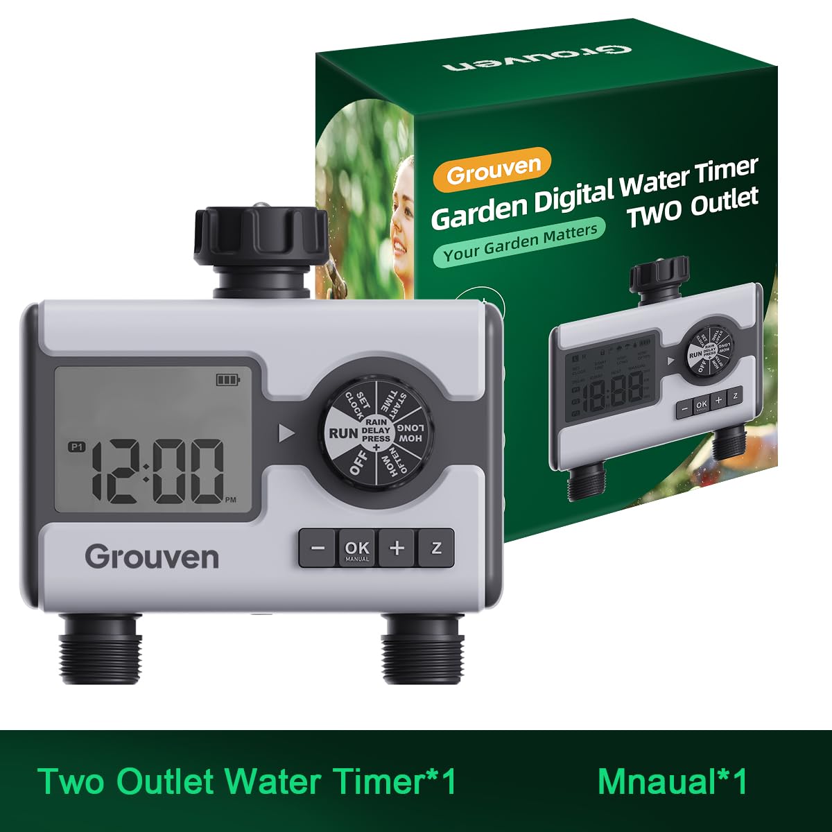 Water Timer for Garden Sprinkler Hose Timer with Rain Delay, Manual, Automatic Watering System Programmable，2 Outlet
