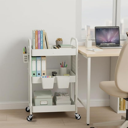 danpinera 3 Tier Rolling Cart with Retractable Dividers, Multi-Functional White Rolling Utility Cart with Pegboards, Hooks & Hanging Cups for Nursery, Living Room, Studio