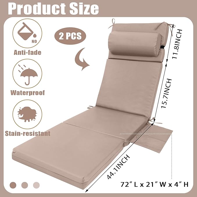 Wenqik 2 Pcs Outdoor Chaise Lounge Cushion