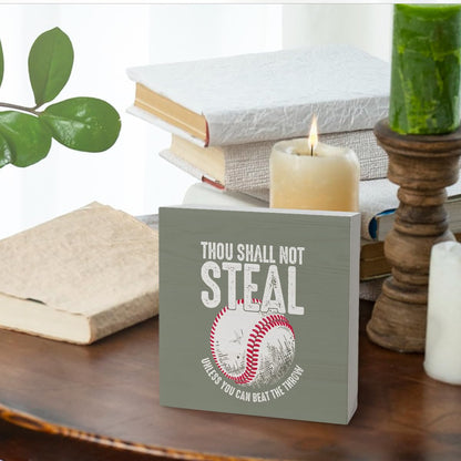 Funny Retro Baseball Wood Signs for Office Desk Decor, Baseball Lover Gifts ffice Desk Accessories, Sports Fan Gifts Home Shelf Decor,Thou Shall Not Steal Unless You Can Beat The Throw 5x5(Christmas)