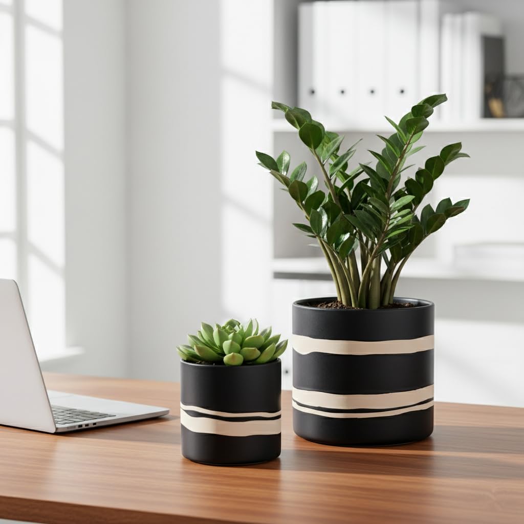Nihow Modern Ceramic Plant Pot - 5 + 7 Inch Flower Pot for All Indoor Plants - Sturdy Planter Pots with Drainage Hole & Rubber Plugs - Semi-Matte Black & Nature - Plants Not Included