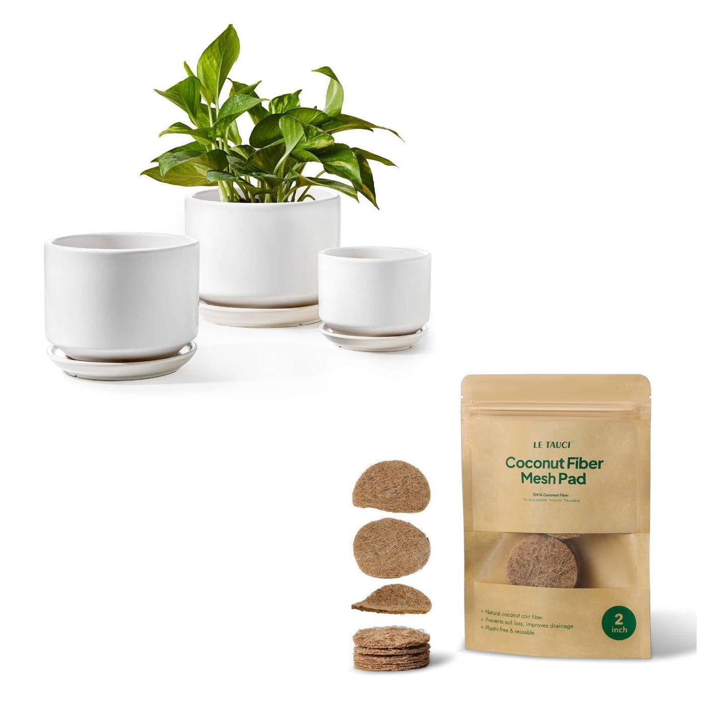 LE TAUCI Ceramic Plant Pots with 2 Inch Coconut Fiber Drainage Mesh Pad, Keeps Soil in Place and Improves Drainage for Indoor Plants