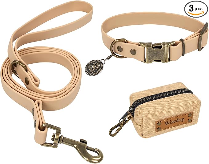 Wisedog Waterproof Dog Collar and Leash Set, XL, Sand Color | Adjustable Puppy Collar, Cute Tag, 6FT Dog Leash, Includes Poop Bag, For Small Medium Large Dogs