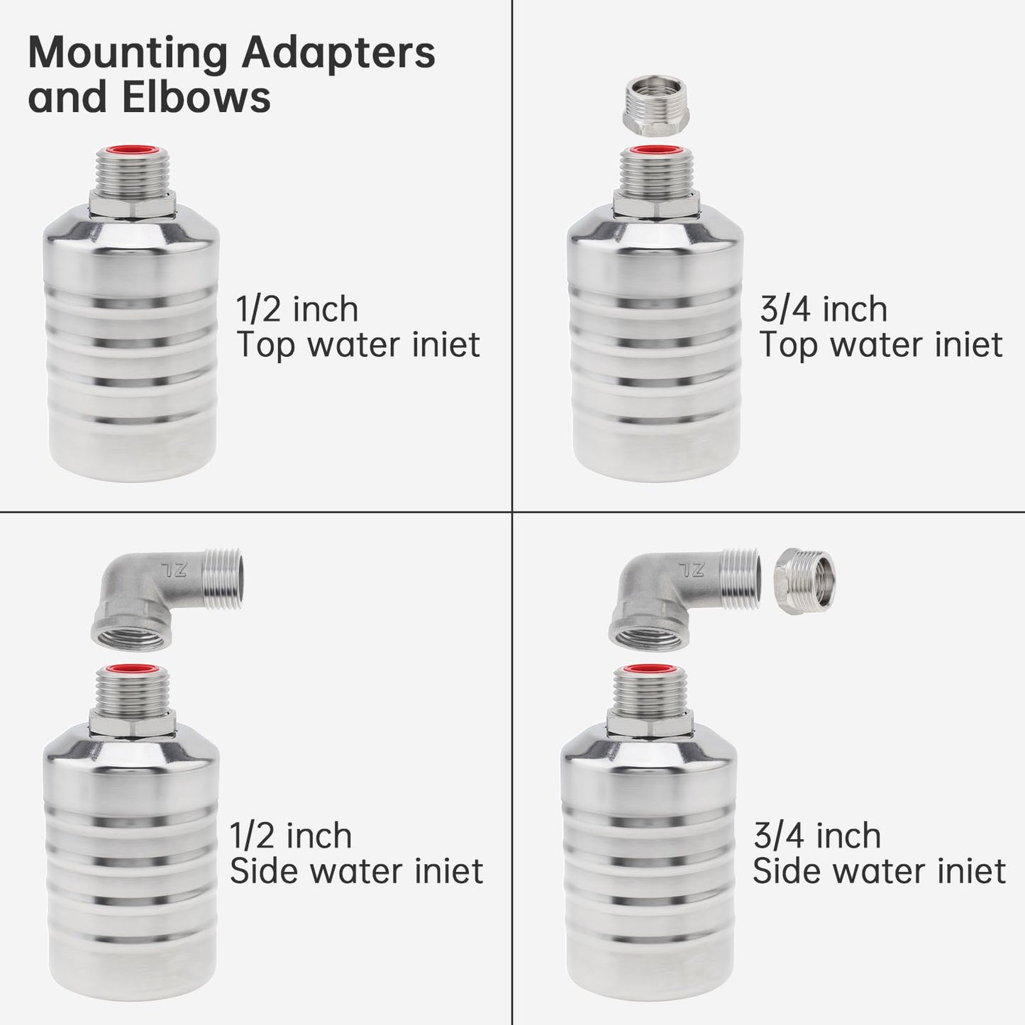 Float Valve, 304 Stainless Steel 1/2inch to 3/4inch Auto Fill Shut Off Water Float Valves Fully Automatic Water Level Control for Water Tank, Pool, Tower, Livestock Troughs