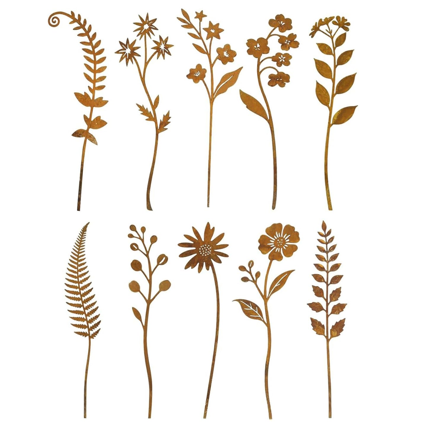 YLDLANXI 10 Pcs Rusty Metal Flower Garden Stakes,Rustic Metal Fern Leaf Plants,Iron Art Plant Shaped Decoration for Outdoor Lawn Walkway Patio