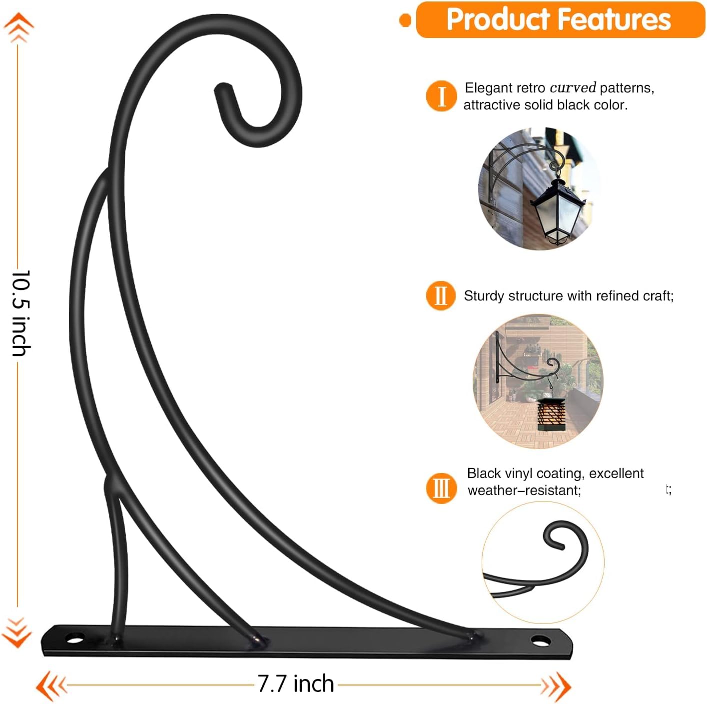 Hanging Plant Brackets, Pack of 4 Iron Hanging Basket Bracket Durable Weather-Resistant Outdoor Plant Hooks for Hanging Plant Lantern Windchime Birdhouse Metal Sign Fruit Bracket, Screw Included