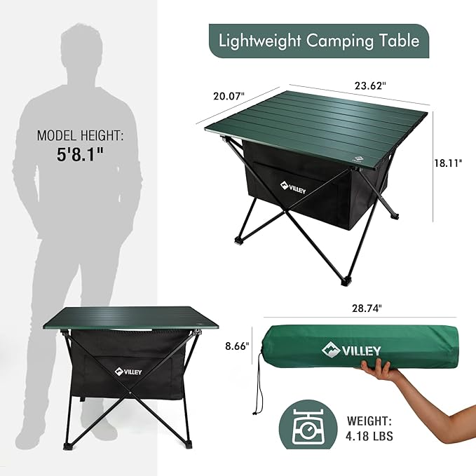 VILLEY Portable Camping Side Table, Ultralight Aluminum Folding Beach Table