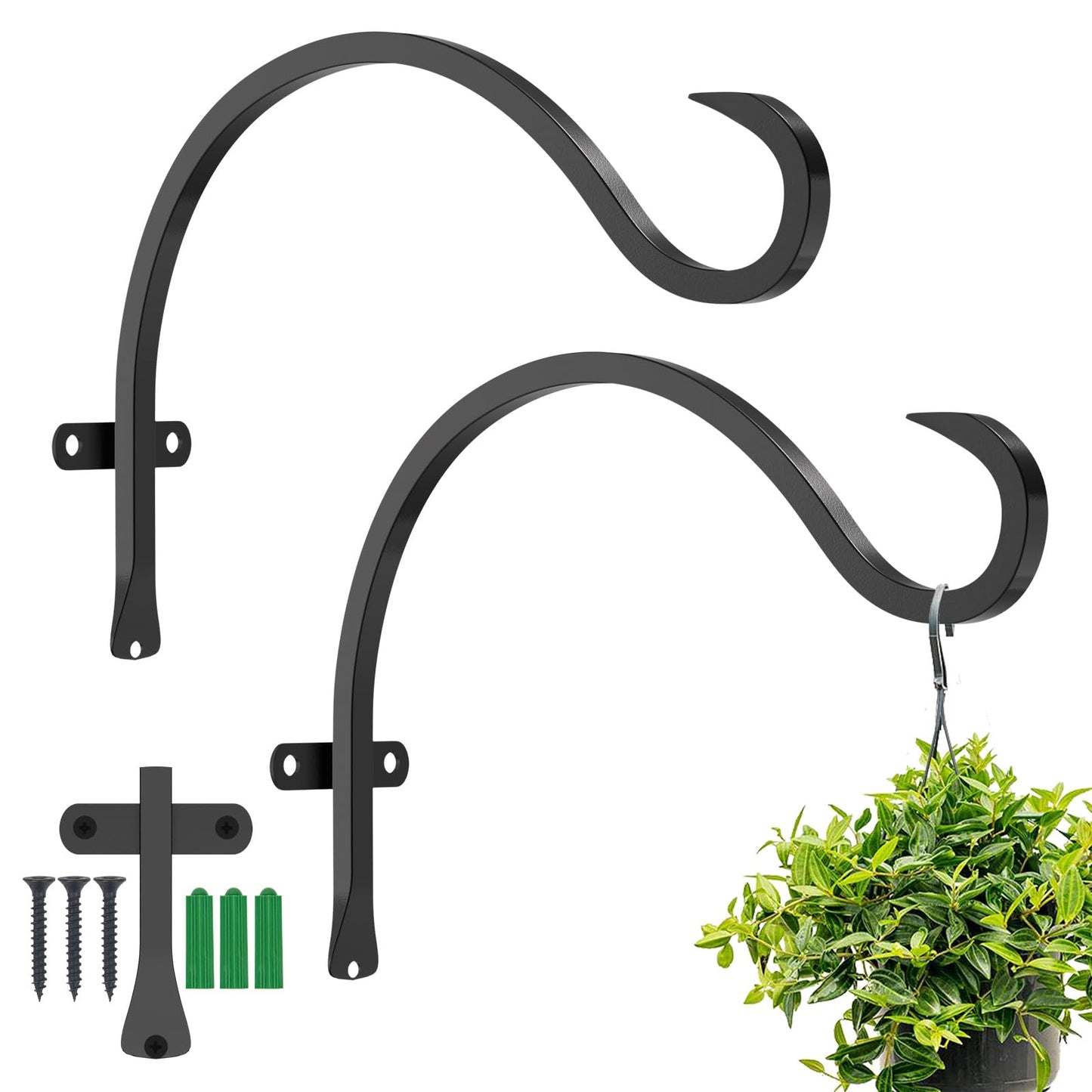 12 Inch Heavy Duty Plant Hanger Wall Hook 2 Pack - Black Iron Hanging Plant Bracket Holds 44 lbs - Rust Resistant Indoor Outdoor Hooks for Bird Feeders Lanterns Wind Chimes Hanging Baskets with Screws