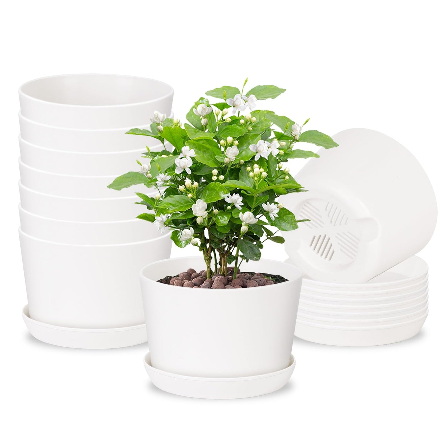 Oliz 4.7 Inch Plastic Plant Pots, Round Classic Planters with Drainage Holes and Saucers for Indoor Outdoor Plants, Perfect for African Violet, Snake Plant, Succulents (White 8 Pack)