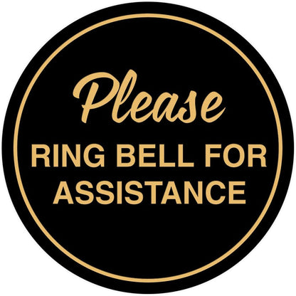 Signs ByLITA Circle Please Ring Bell For Assistance Wall or Door Sign | Easy Installation | Front Desk Reception Sign (Black/Gold) - Small (5 Pack)