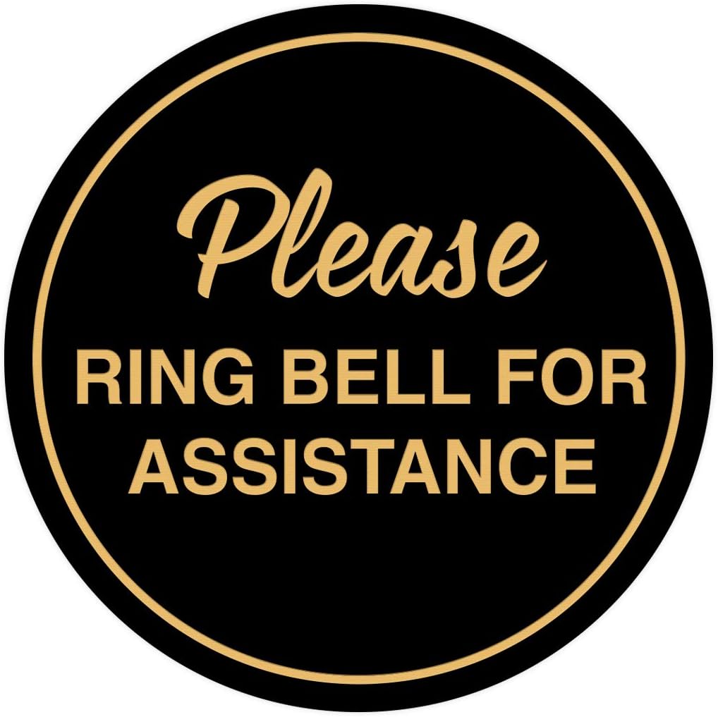 Signs ByLITA Circle Please Ring Bell For Assistance Wall or Door Sign | Easy Installation | Front Desk Reception Sign (Black/Gold) - Small (1 Pack)