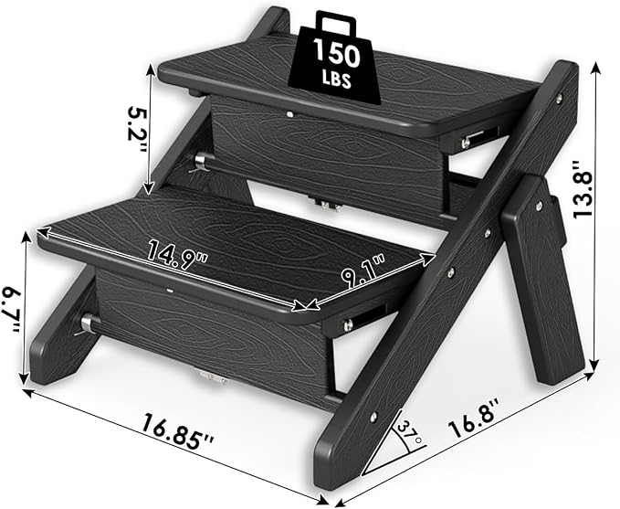 Dog Stairs and Steps, HDPE Plastic Wood Grain, 2-in-1 Foldable Pet Ramp for Small and Medium Dogs and Cats, for Bed Couch and Car, No Assembly Required, Supports Up to 150lbs, Black